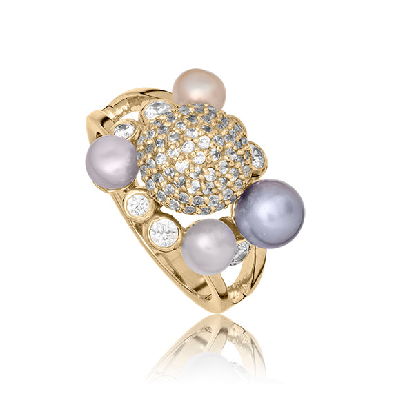 Precious ring i 18 karat guldbelagt sølv med ferskvandsperler og zirkonia.